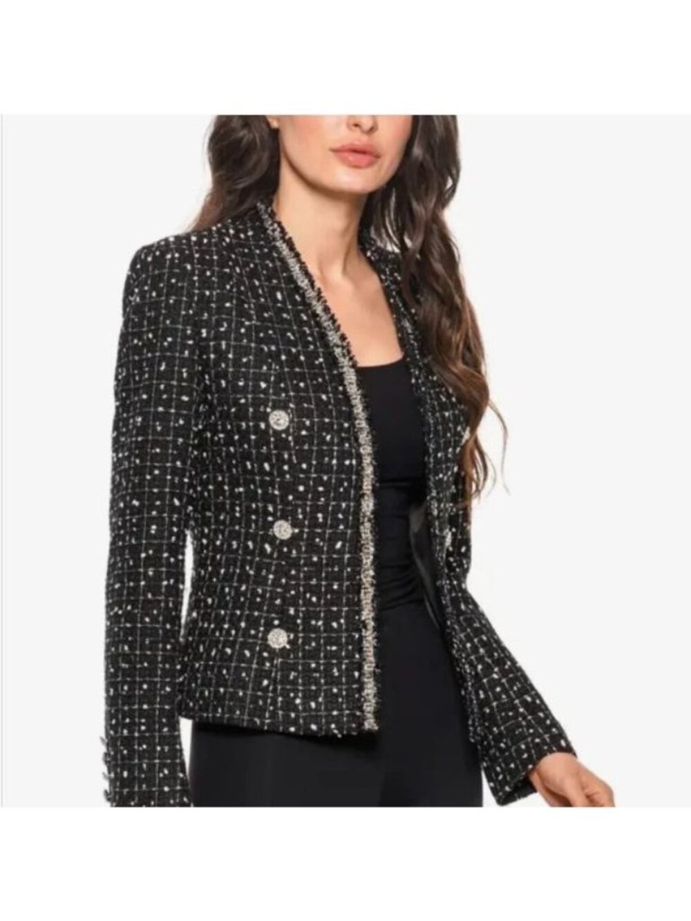 Adore Tweed Blazer Black White Fringe Trim Jacket Women Medium Button Front